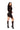 Person wearing a black dress with a hood, fishnet stockings, and high-heeled boots on a white background