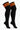 A pair of black knee-high athletic socks with three orange stripes near the cuff, shown on a plain white background.