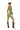 Person wearing a green military-style jumpsuit with a hat on a white background