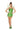 A woman wearing a green strapless mini dress with fairy wings and a bow tie, standing against a white background.