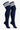 A pair of navy blue ribbed knee-high socks with three white stripes near the cuff, shown on a plain white background.