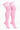 A pair of pink ribbed knee-high socks with three white stripes near the top, shown on a light gray background.