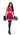 Person wearing a pink cheerleader costume with black accents on a white background