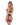 Back view of A model wearing pink flocked bunny chaps with a plunge neckline and Playboy logo elastic.