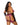 Back view of A model wearing plus size pink flocked bunny chaps with a plunge neckline and Playboy logo elastic.