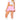 Woman wearing a white top and pink skirt with white knee-high socks on a white background