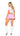 Woman wearing a white top and pink skirt with white knee-high socks on a white background