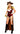 A model wearing a pirate buccaneer beauty costume with a velvet bodysuit, bolero with epaulettes, belted overskirt, and a hat.