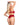 Woman wearing a red Playboy lingerie set on a white background