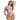Woman wearing a pink bodysuit on a white background