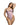 Woman wearing a pink bodysuit on a white background
