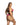 Woman wearing a pink and black Playboy lingerie set on a white background