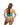 Woman wearing a turquoise lace lingerie set on a white background