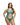 Woman wearing a teal lace lingerie set on a white background