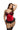 Woman wearing a red and black lace lingerie set on a white background