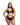Woman wearing a black satin lounge set with ruffled bottom on a white background