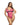 Model wearing a pink lace lingerie set with Playboy branding on a white background