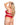 Woman wearing a red Playboy lingerie set on a white background