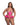 Model wearing a pink lingerie set with lace details on a white background