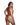 Woman wearing a red Playboy bikini on a white background
