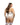 Woman wearing a white lace lingerie set on a white background