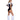 Person wearing a black and white costume with fluffy white boots on a white background