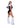 Person wearing a black and white costume with fluffy white boots on a white background