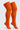 A pair of bright orange ribbed knee-high socks displayed on invisible forms against a light gray background.