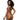Woman wearing a black strappy bikini on a white background