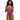 Model wearing a pink and black patterned teddy on a white background