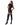 Woman wearing a black vinyl outfit with red accents on a white background