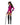 Woman wearing a colorful costume with a pink outfit, black boots, and a hat on a white background
