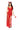 Woman in a red sequin dress with devil horns and a tail, holding a red pitchfork on a white background.