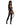 Woman wearing a black latex outfit with high boots, top hat, and red gloves on a white background