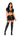 A model wearing a black tie-top with a vinyl collar and a vinyl skirt with high-heeled boots.