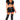 A model wearing a black tie-top with a vinyl collar and a vinyl skirt with high-heeled boots.