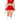 A woman wearing a red crop top with bedazzled print, a red skirt, and holding a pair of white pom-poms.