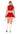 A woman wearing a red crop top with bedazzled print, a red skirt, and holding a pair of white pom-poms.