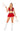 A woman wearing a red crop top with bedazzled print, a red skirt, and holding a pair of white pom-poms.