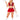 A woman wearing a red crop top with bedazzled print, a red skirt, and holding a pair of white pom-poms.