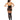 Woman wearing a black strappy bodysuit and stockings on a white background