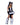 Woman wearing a black and white striped costume with a hood on a white background
