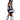 Woman wearing a black and white striped costume with a hood on a white background