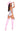 Person wearing a pink and silver cowgirl costume with a hat on a white background