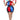 A plus-size model wearing a glossy, form-fitting Harley Quinn-inspired bodysuit with red, blue, and black panels, styled with fishnet stockings, red gloves, and red high heels against a plain white background.