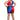 A woman modeling a glossy, short, two-tone harlequin costume from the back, featuring red, blue, and black panels, a silver rhinestone-embellished waistband, fishnet stockings, and red high heels against a white background.