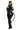 A woman modeling a glossy black cat costume with gold accents, a black cat mask, and a long black tail, photographed against a plain white studio background.