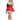 A woman modeling a red and black faux leather Christmas costume dress with white faux fur trim, a matching Santa hat, and black high heels against a white background.
