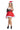 A woman modeling a red and black faux leather Christmas costume dress with white faux fur trim, a matching Santa hat, and black high heels against a white background.