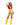 Person wearing a yellow and red costume with an apple detail on a white background